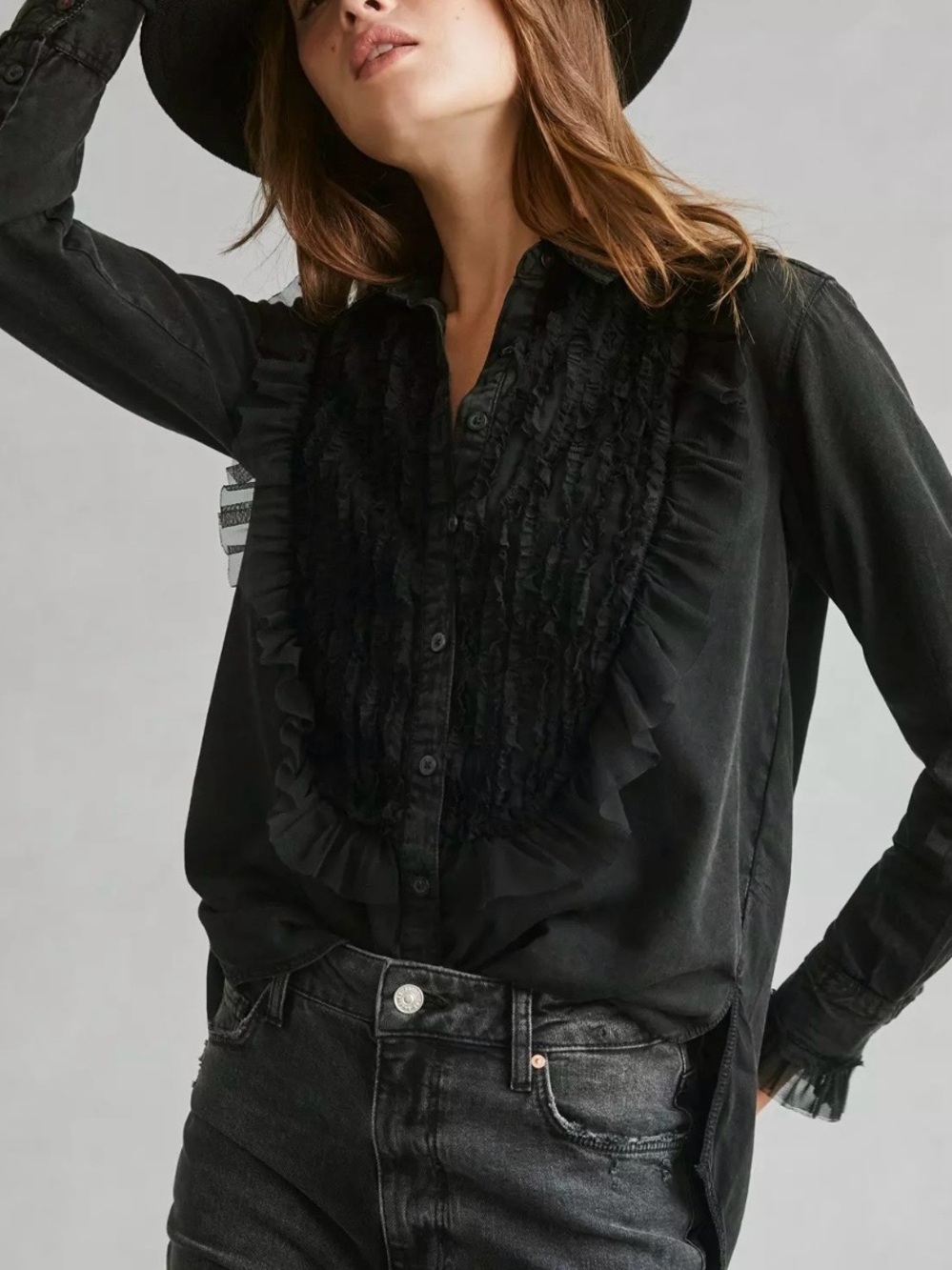 Pilcro Tulle Button Down Black Ruffled Shirt Tuxedo Style New Romantic Size M